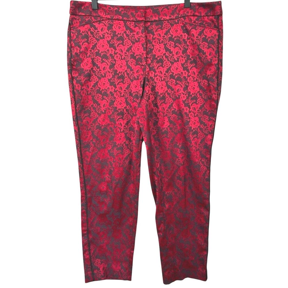 WHBM Red Black Brocade Slim Ankle Pants Womens 14R Floral Jacquard